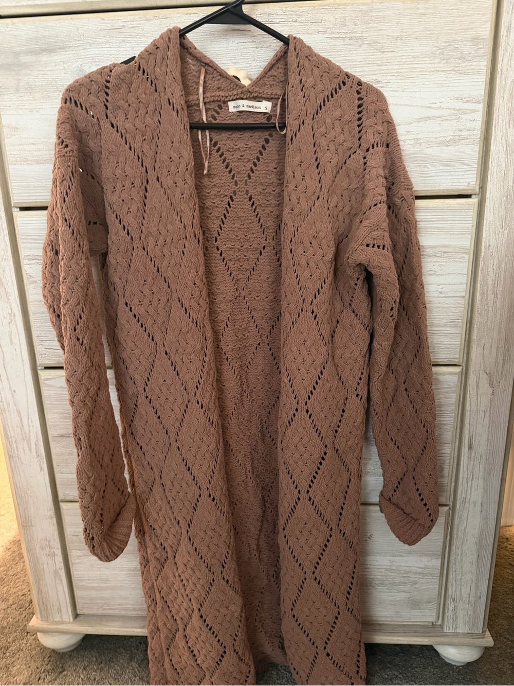 Moon & Madison Waffle Knit Open-Front Long Cardigan - Mauve Brown
